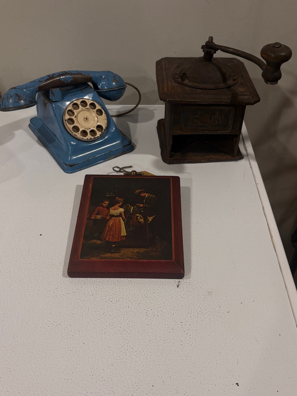 Antique lot Blue Rotary Desk Telephone toy, rusted coffee grinder, old painting